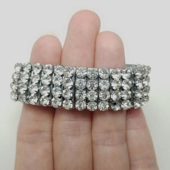 Vintage Rhinestone Expansion Stetch Bracelet, Silver Tone, Missing Stones - Picture 2 of 8